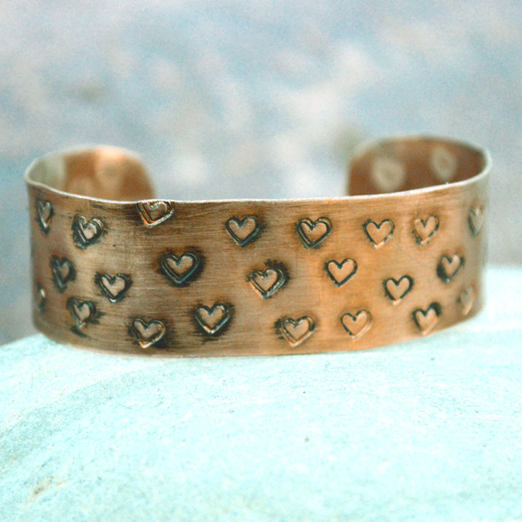 Conceptual Subculture Jewelry - Hand Stamped Hearts Copper Cuff Bracelet Handmade